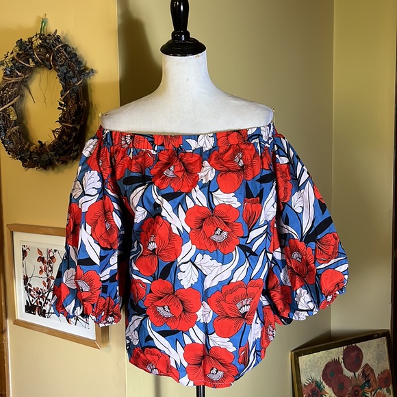 Vtg HILO HATTIE Size XXL Hawaiian On/Off Shoulder Top Balloon Sleeve Vibrant - Picture 2 of 13